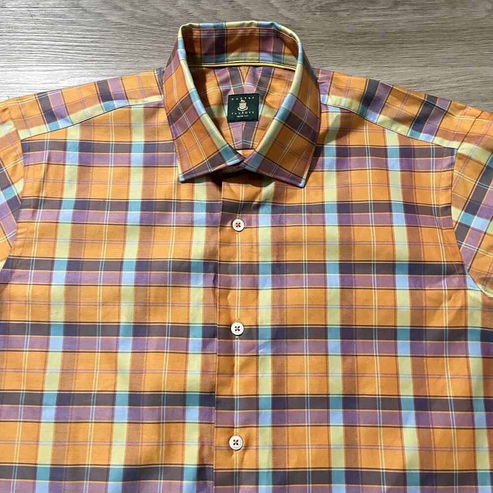 ROBERT TALBOTT Orange Blue Green Plaid Checks Button Front Shirt Trim Fit Large
